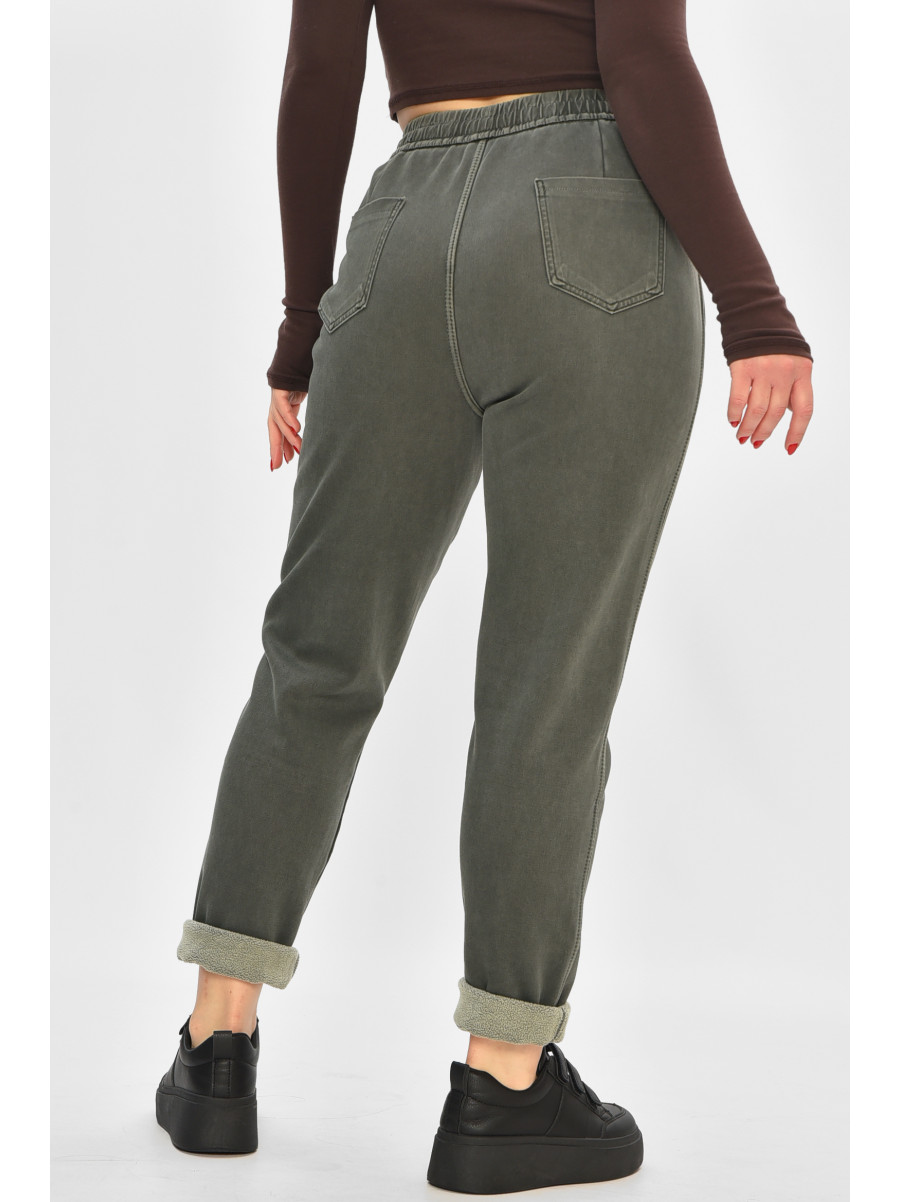 Штани жіночі однотонні на флісі темно-зеленого кольору А4111-3 208396C