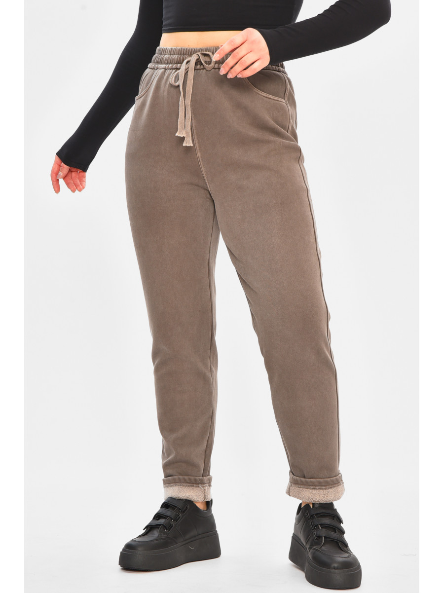 Штани жіночі однотонні на флісі коричневого кольору А4111-3 208397C