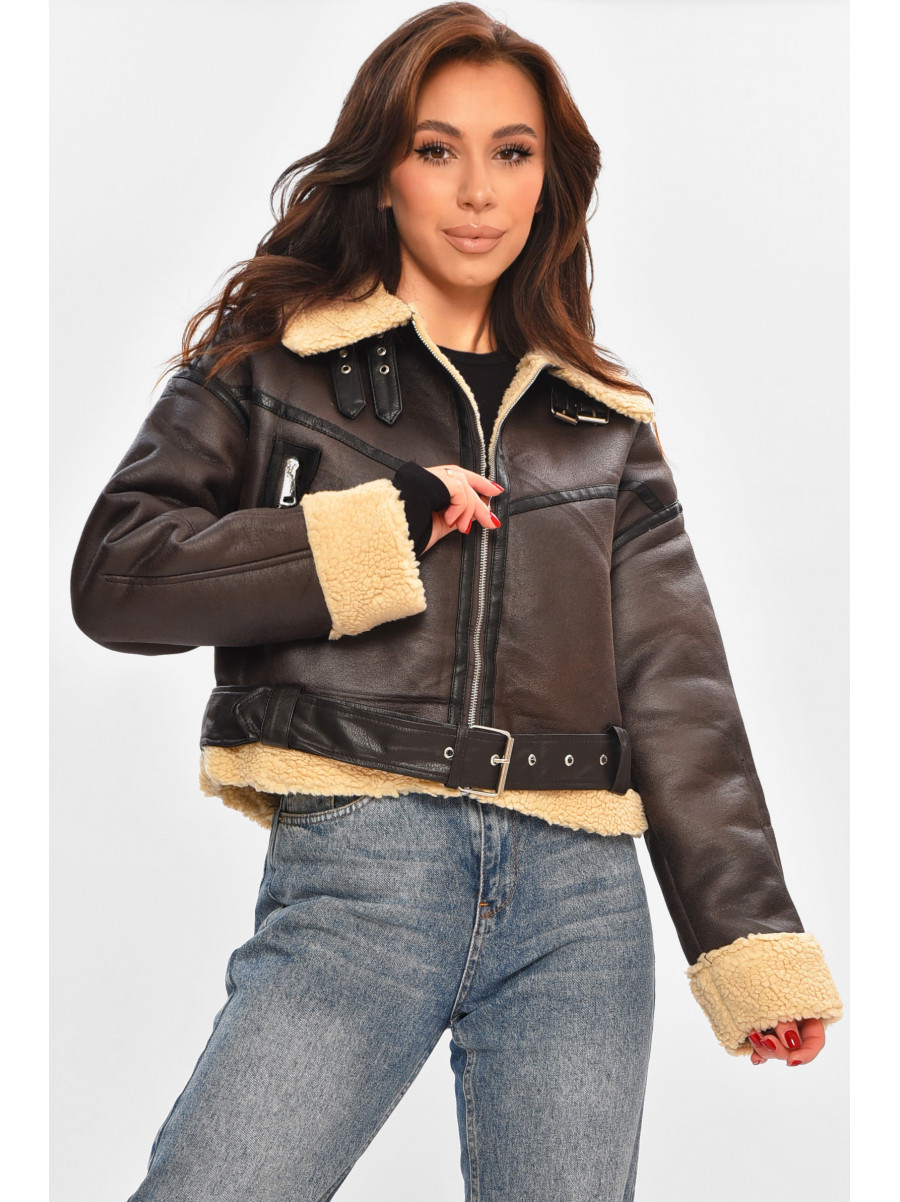 Дубленка женская темно-коричнивого цвета 265 208407C