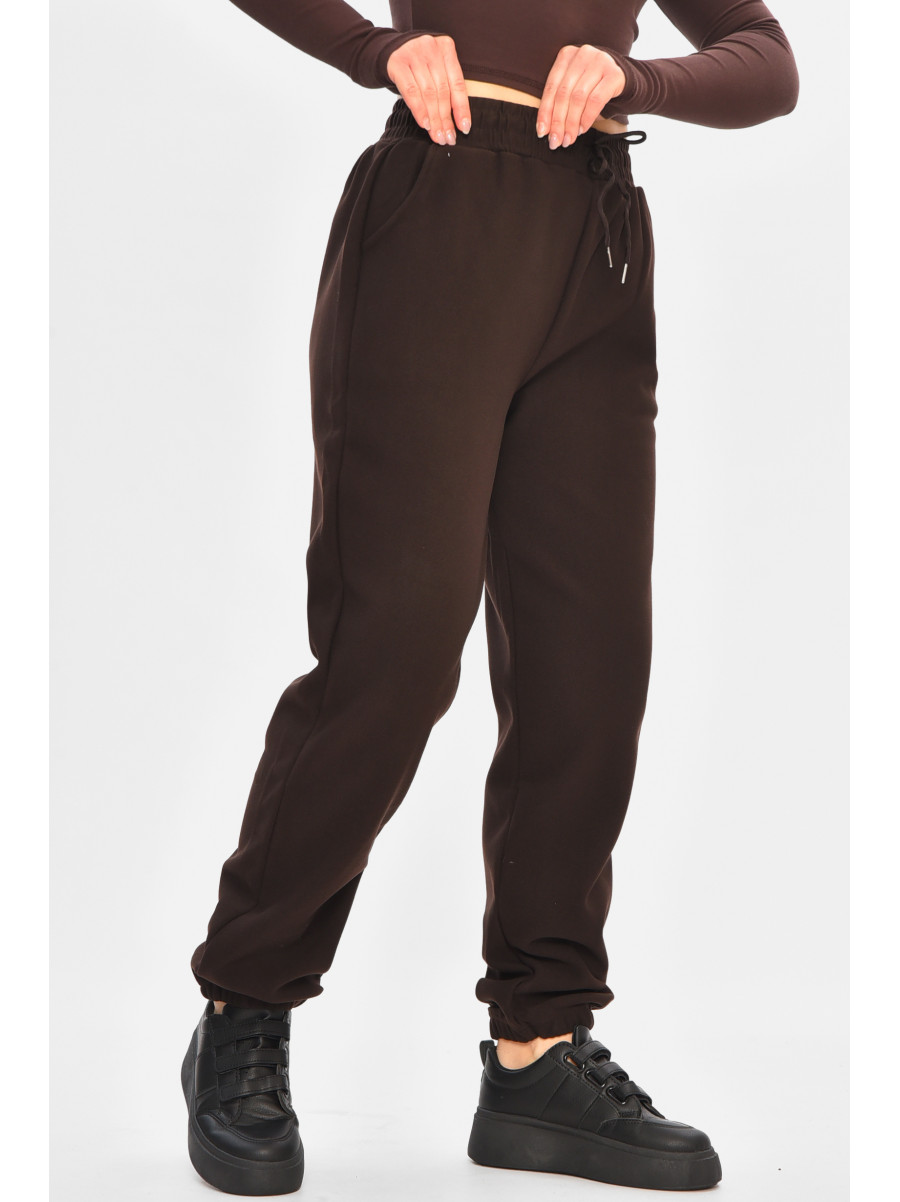 Спортивные штаны женские на флисе тёмно-коричневого цвета А2109-2 208421C