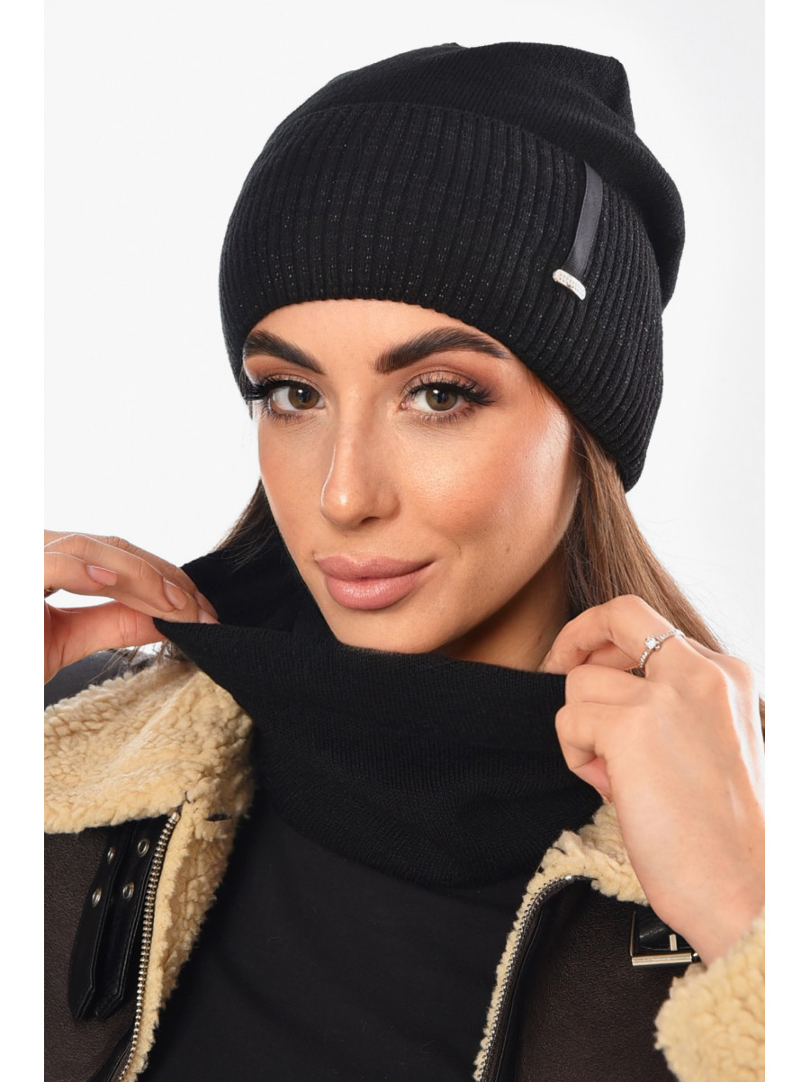 Шапка женская + хомут на флисе черного цвета 208477C
