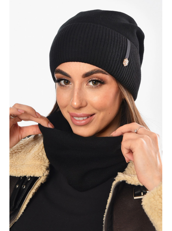 Шапка женская + хомут на флисе черного цвета 208478C