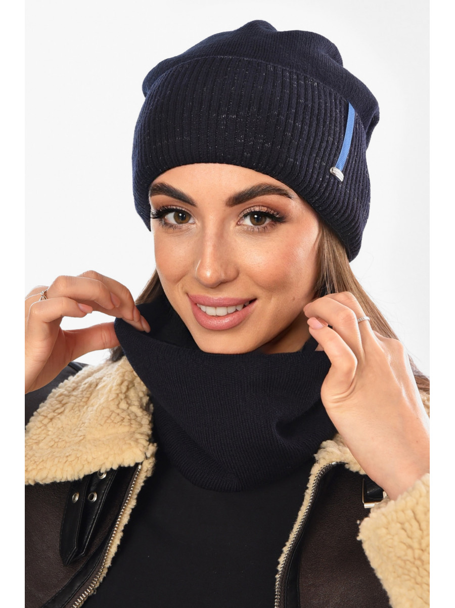 Шапка женская + хомут на флисе темно-синего цвета 208480C