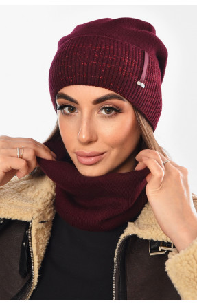 Шапка жіноча + хомут на флісі бордового кольору 208481C