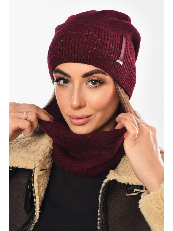 Шапка женская + хомут на флисе бордового цвета 208481C