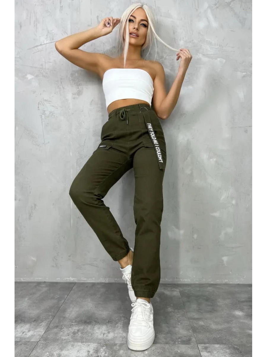 Джинсы женские на флисе  оливкового цвета 208551C