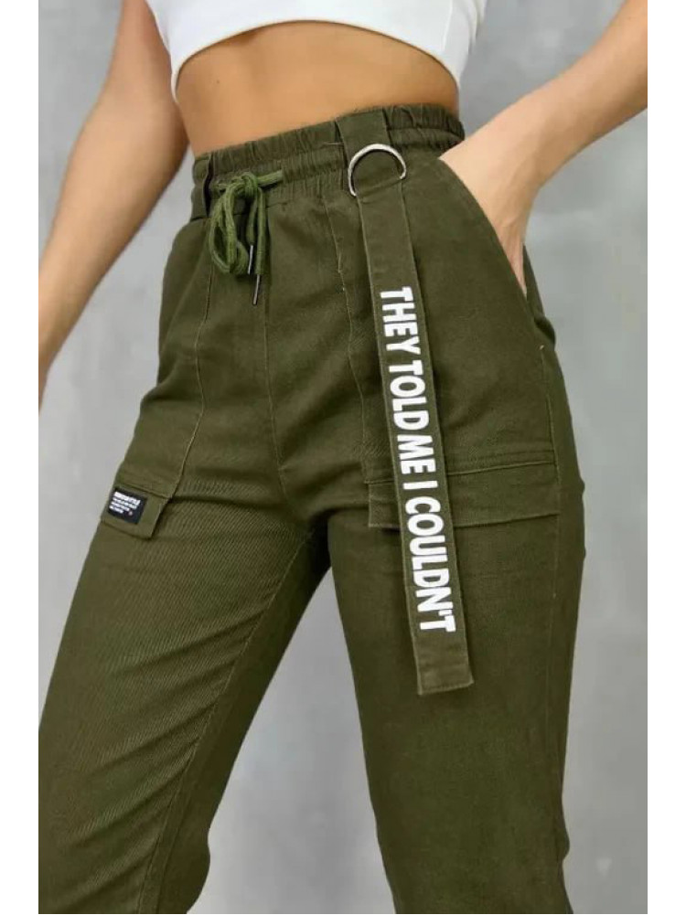 Джинсы женские на флисе  оливкового цвета 208551C