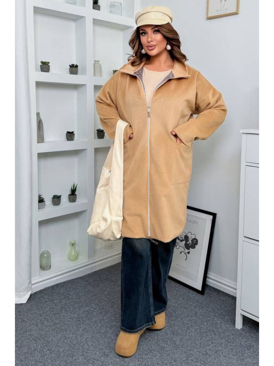 Пальто жіноче демісезонне напівбатальне бежевого кольору 7857 208632C