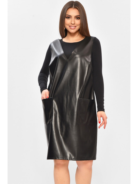 Сарафан жіночий однотонний екошкіра чорного кольору 208734C