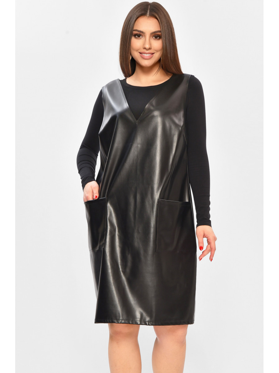 Сарафан жіночий однотонний екошкіра чорного кольору 208734C