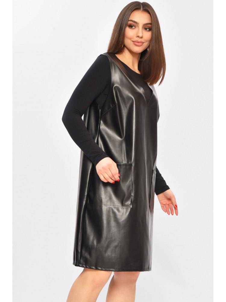 Сарафан жіночий однотонний екошкіра чорного кольору 208734C