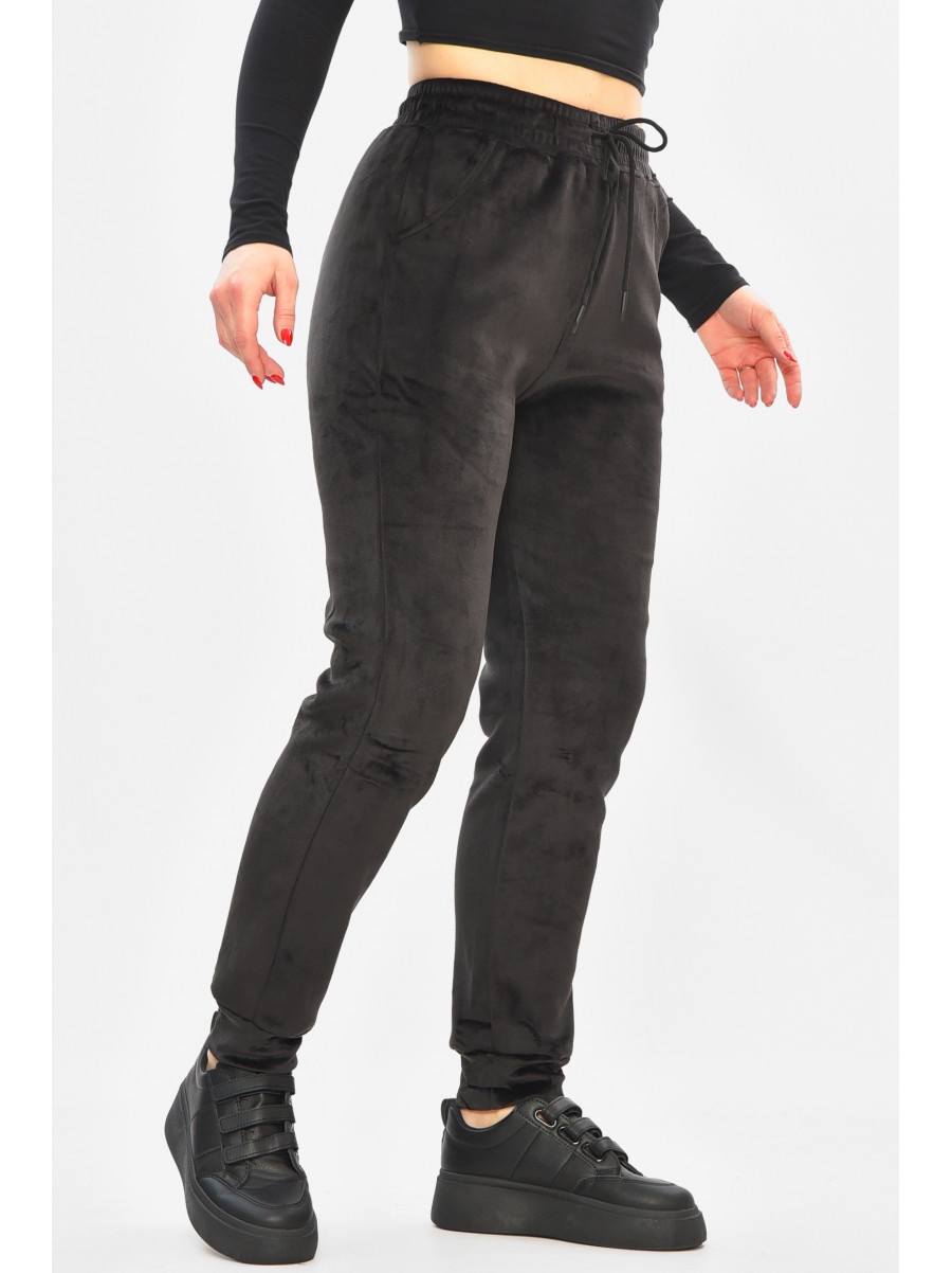 Спортивные штаны женские на искусственном меху черного цвета 208868C