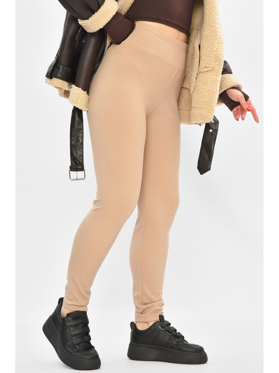 Лосины женские полубатальные в рубчик на флисе бежевого цвета 4001 208881C