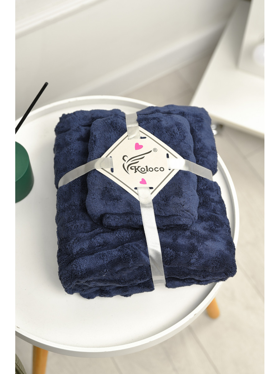 Набір однотонних рушників із мікрофібри банне+для обличчя темно-синього кольору 98-792 208894C