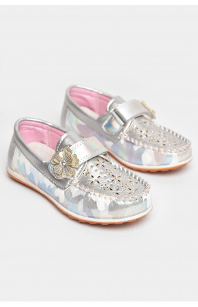 Мокасины детские для девочки серебристого цвета 18305-21 209143C Мокасины детские для девочки серебристого цвета 18305-21 209143C