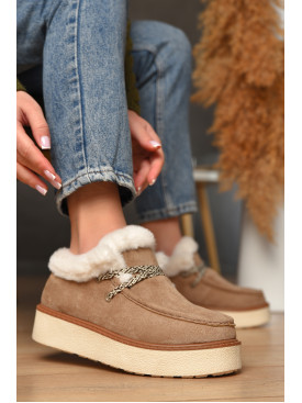 Лоферы женские на меху светло-бежевого цвета М203-1 209326C