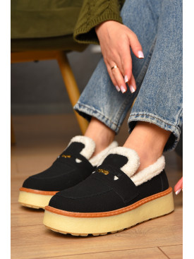 Лоферы женские на меху черного цвета N100-1 209329C