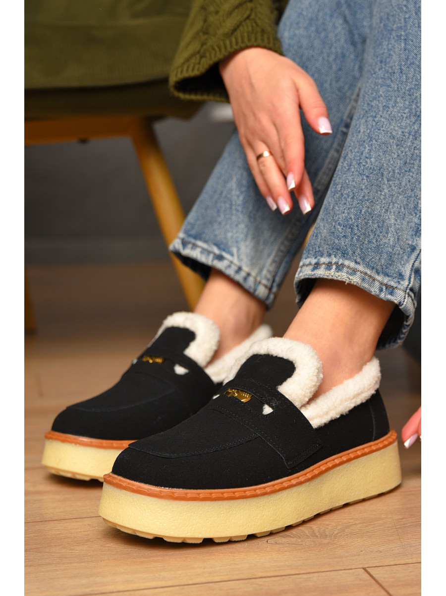 Лоферы женские на меху черного цвета N100-1 209329C