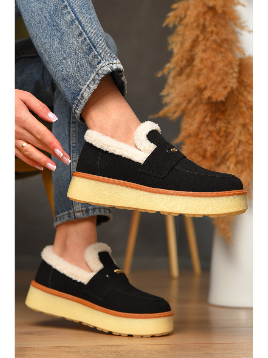 Лоферы женские на меху черного цвета N100-1 209329C