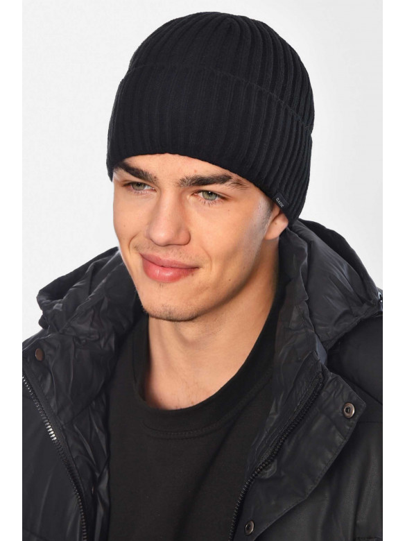 Шапка чоловіча з підворотом на флісі чорного кольору 209363C