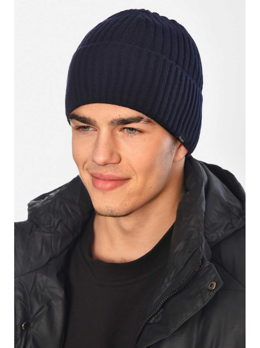 Шапка чоловіча з підворотом на флісі темно-синього кольору 209364C
