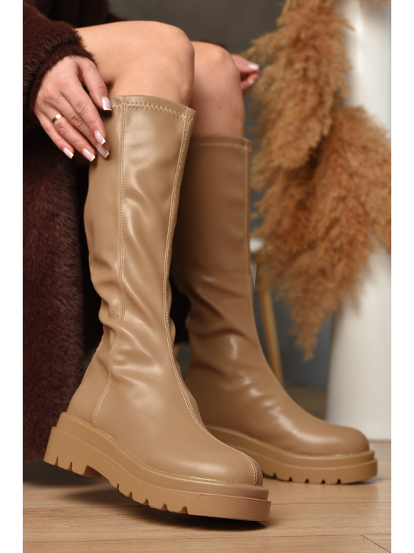 Сапоги женские демисезонные бежевого цвета на флисе 77-109-2 209432C