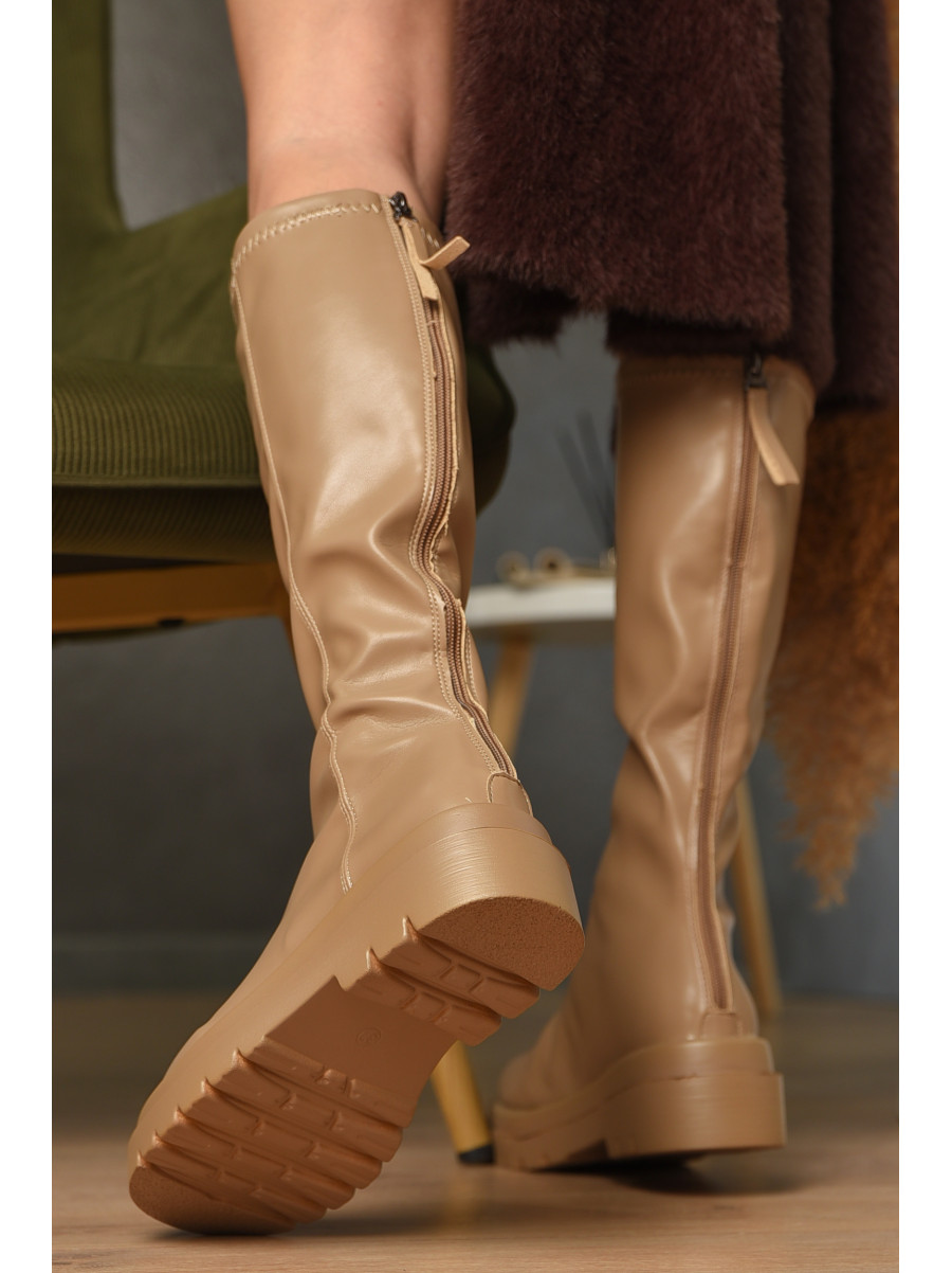 Сапоги женские демисезонные бежевого цвета на флисе 77-109-2 209432C