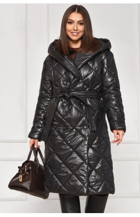 Куртка жіноча подовжена демісезонна чорного кольору з капюшом 330 209526C