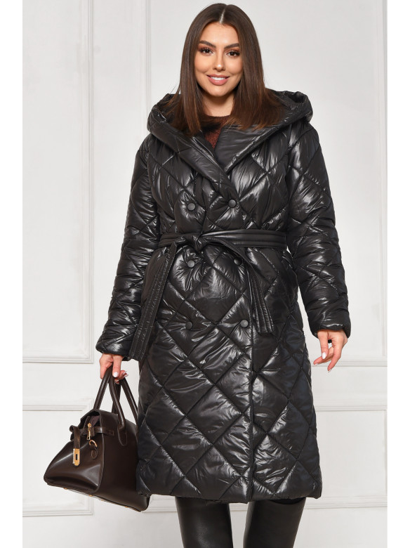 Куртка жіноча подовжена демісезонна чорного кольору з капюшом 330 209526C