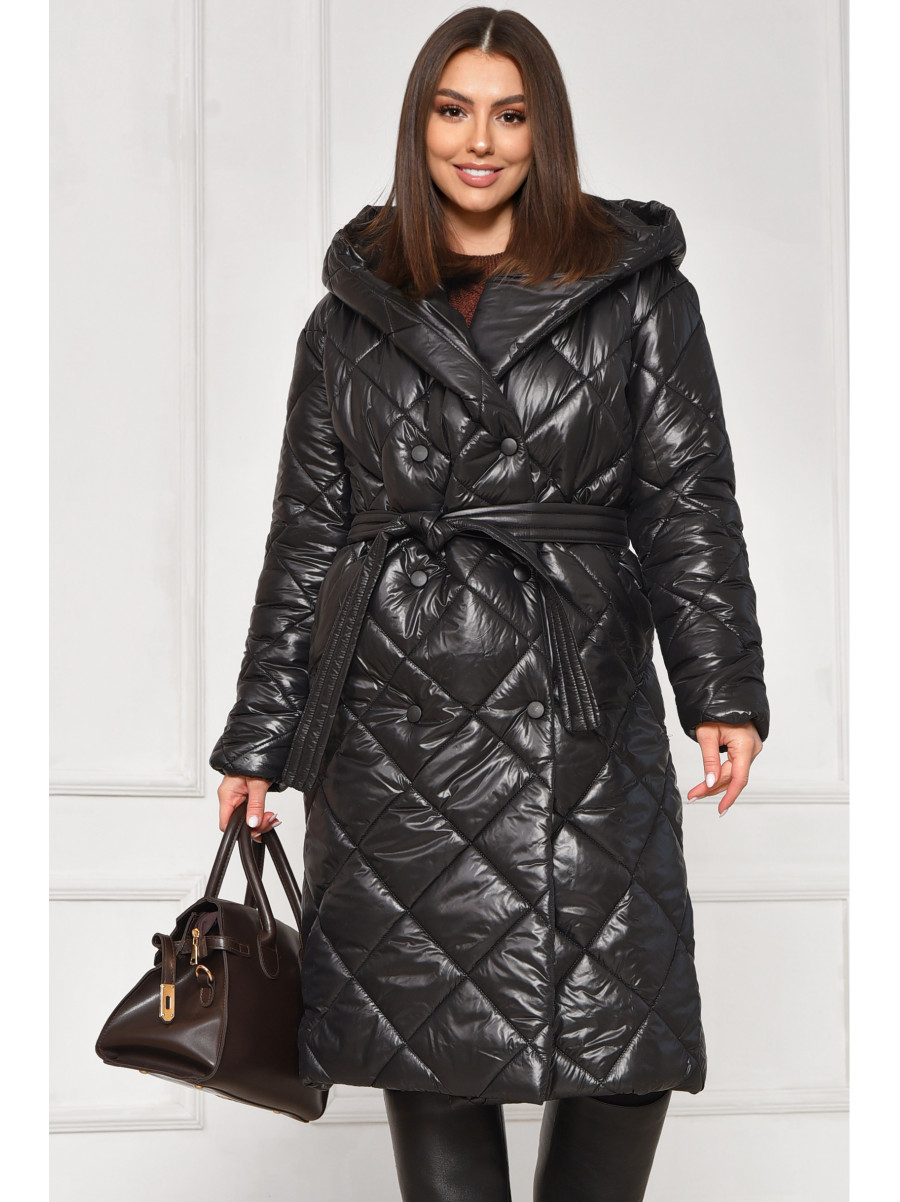Куртка жіноча подовжена демісезонна чорного кольору з капюшом 330 209526C