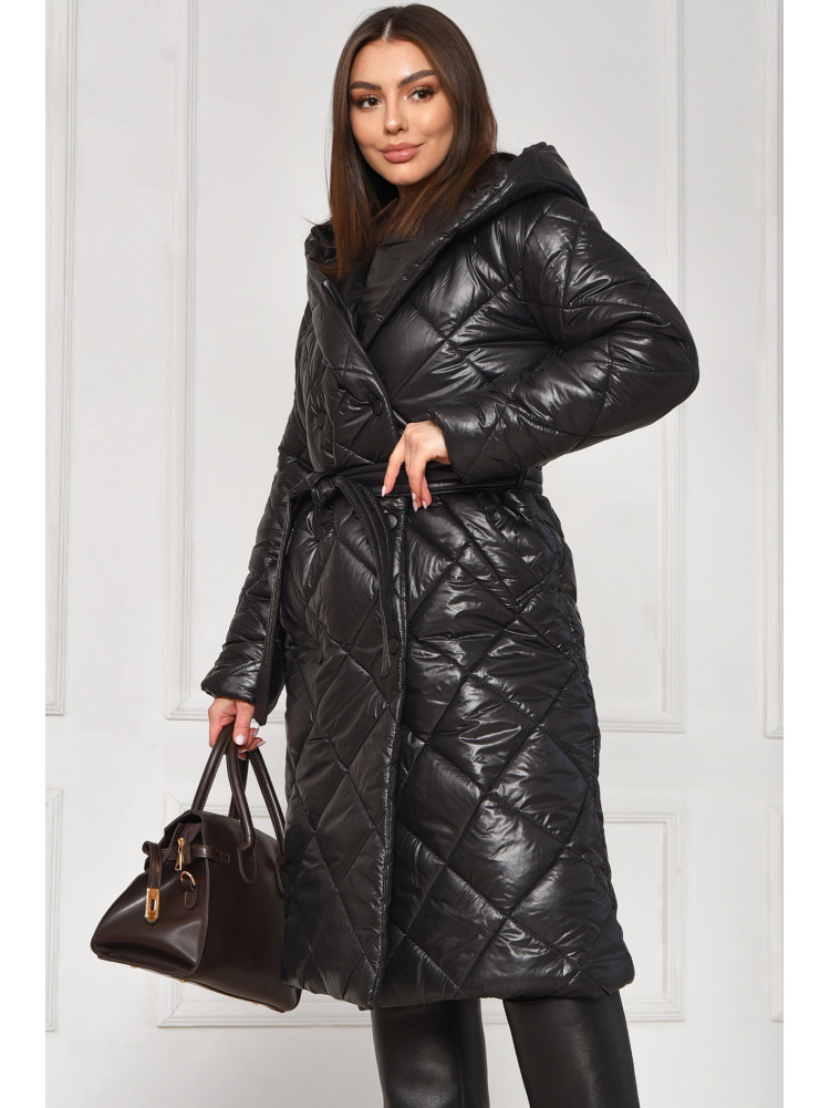 Куртка жіноча подовжена демісезонна чорного кольору з капюшом 330 209526C