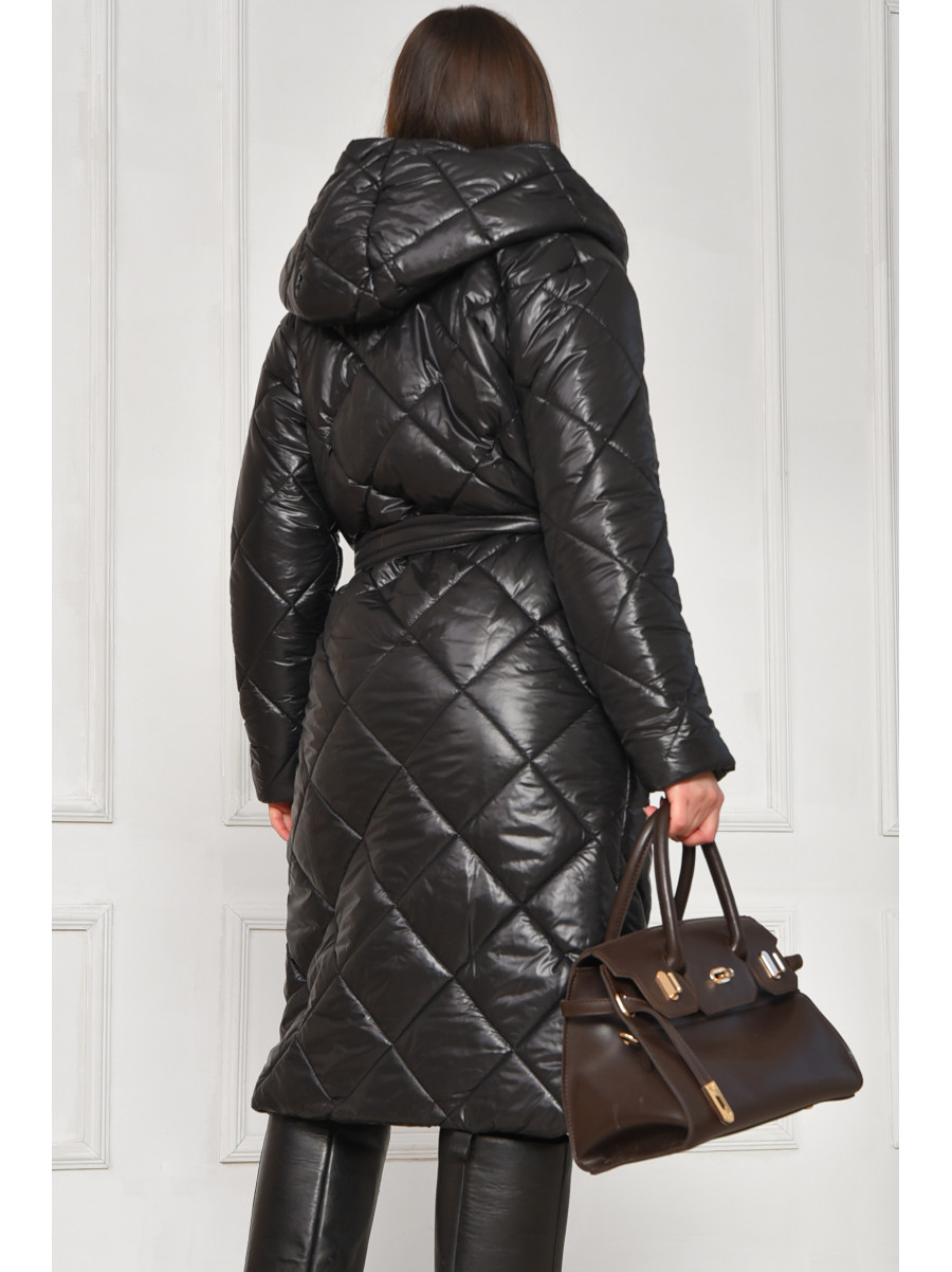 Куртка жіноча подовжена демісезонна чорного кольору з капюшом 330 209526C