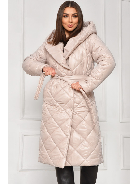 Куртка жіноча подовжена демісезонна молчного кольору з капюшом 330 209528C