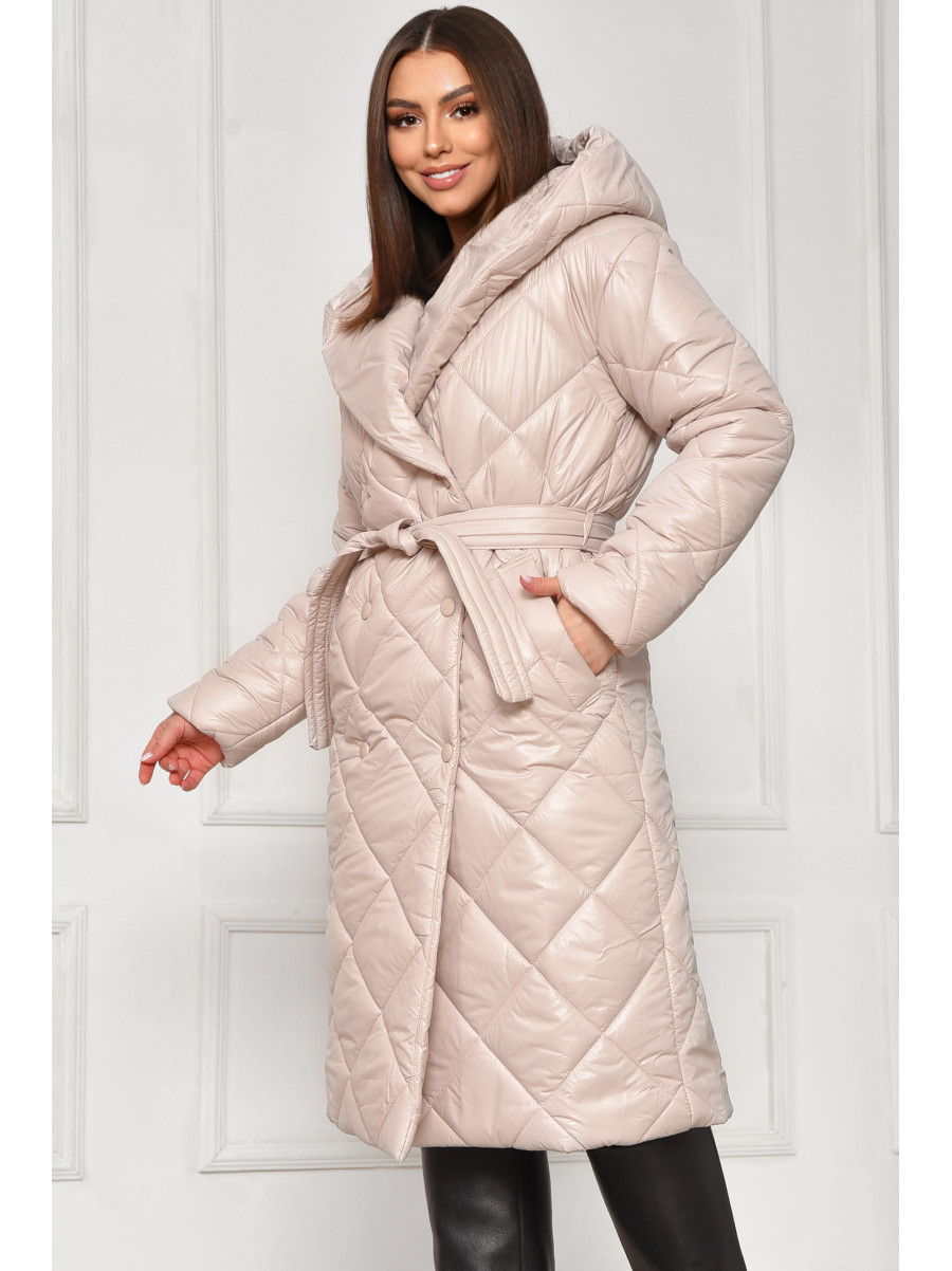 Куртка жіноча подовжена демісезонна молчного кольору з капюшом 330 209528C