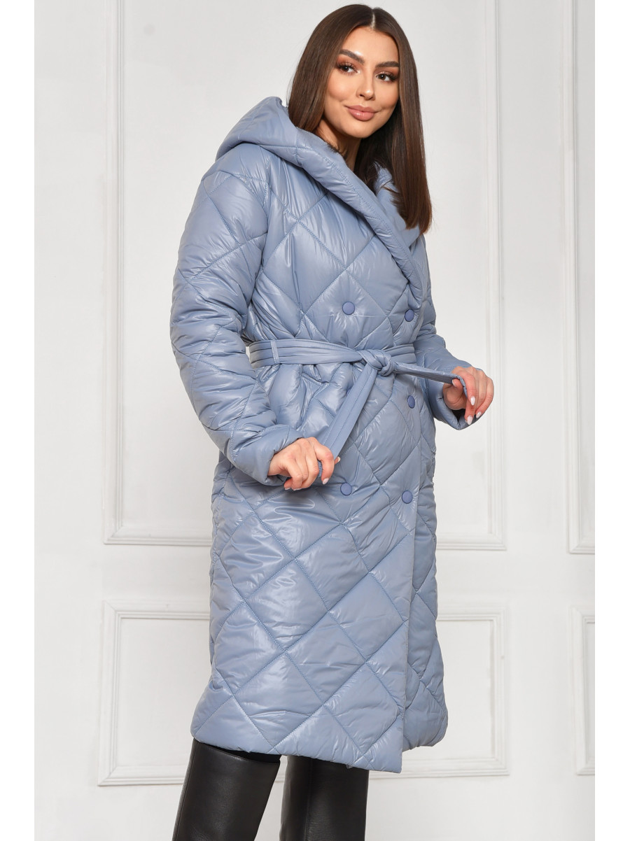 Куртка жіноча подовжена демісезонна блакитного кольору з капюшом 330 209529C