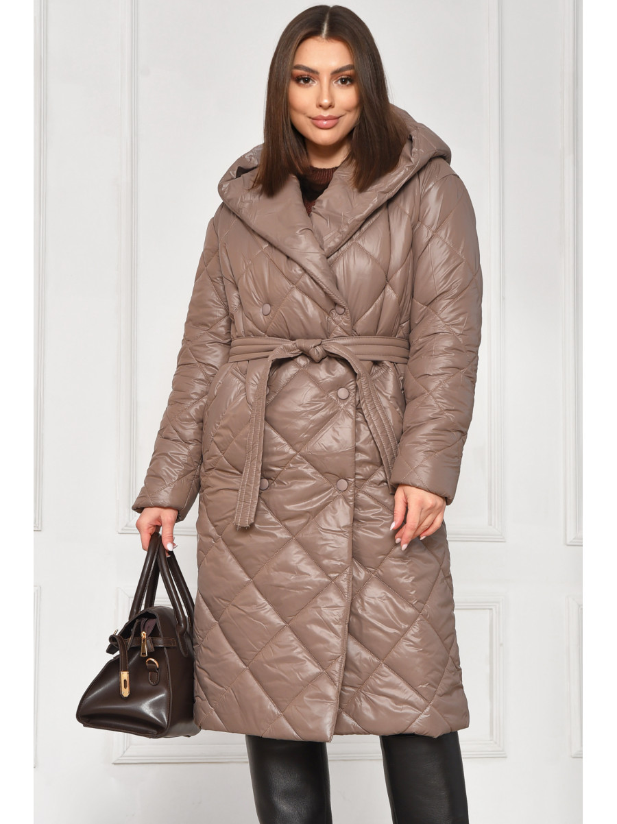 Куртка жіноча подовжена демісезонна кольору мокко з капюшом 330 209530C