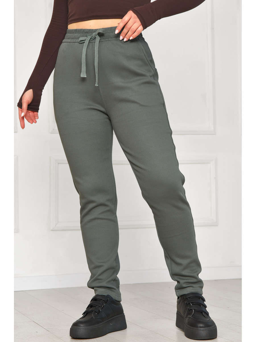 Штани жіночі однотонні на флісі зеленого кольору А4075-2 209570C