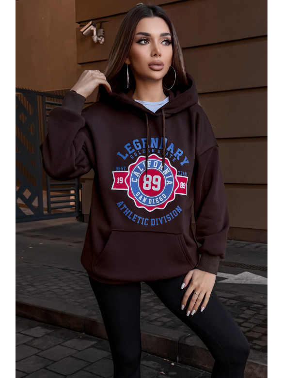 Худі жіноче на флісі темно-коричневого кольору з принтом 5011 209624C