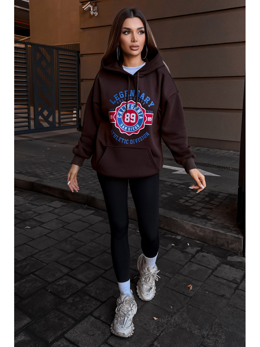 Худі жіноче на флісі темно-коричневого кольору з принтом 5011 209624C
