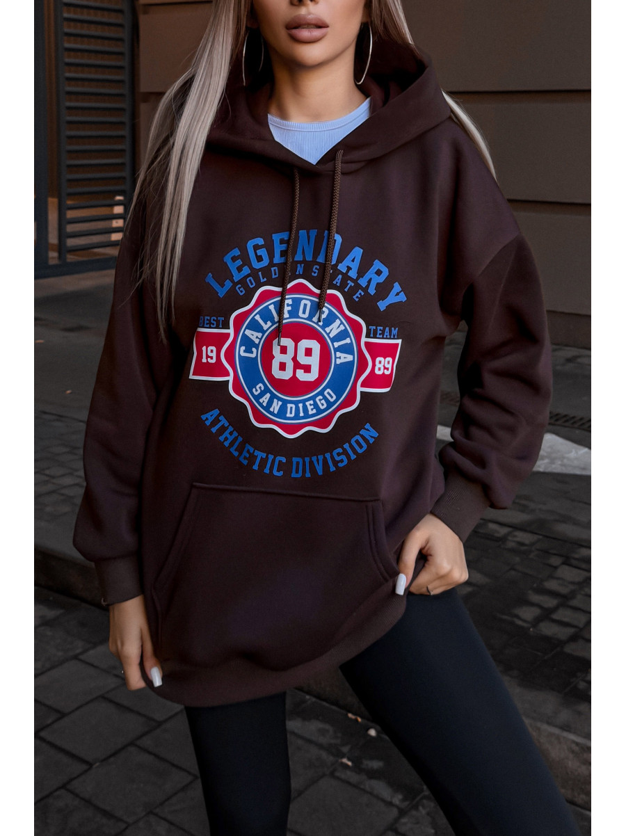 Худі жіноче на флісі темно-коричневого кольору з принтом 5011 209624C