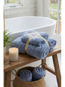 Набор однотонных полотенец из микрофибры банное+для лица темно-голубого цвета 98-982 210115C