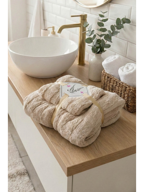 Набор однотонных полотенец из микрофибры банное+для лица светло-бежевого цвета 98-982 210118C