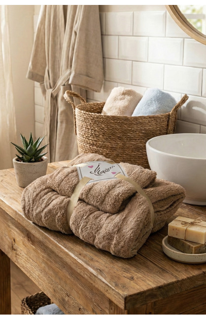 Набор однотонных полотенец из микрофибры банное+для лица бежевого цвета 98-982 210119C