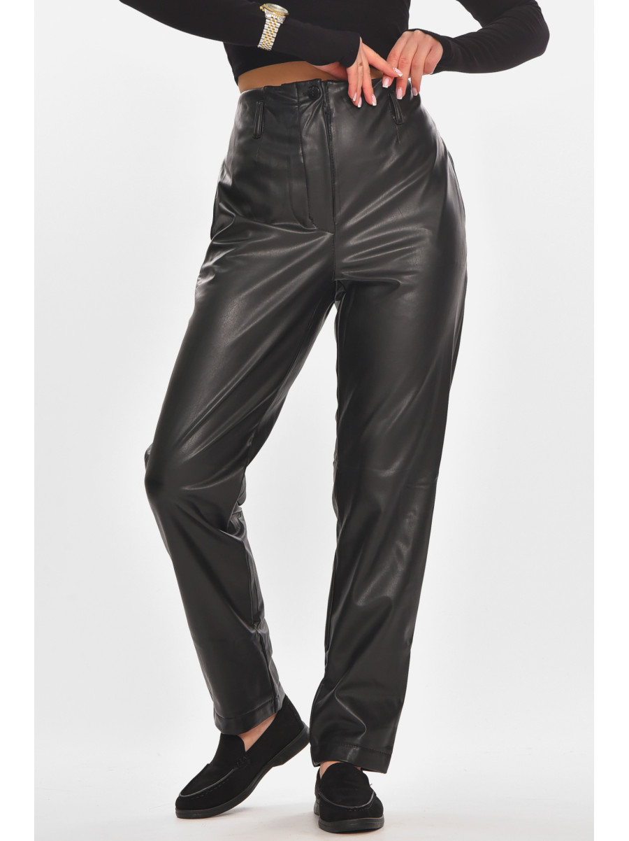 Штаны женские с эко-кожи утепленные черного цвета 0088 210161C