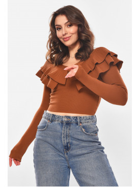Кофта жіноча з рюшами однотонна коричневого кольору 7090 210178C