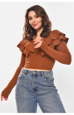Кофта женская с рюшами однотонная коричневого цвета 7090 210178C Кофта женская с рюшами однотонная коричневого цвета 7090 210178C