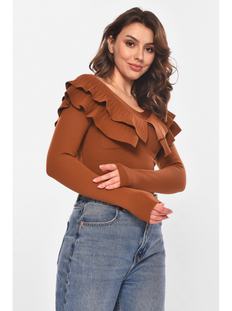 Кофта женская с рюшами однотонная коричневого цвета 7090 210178C