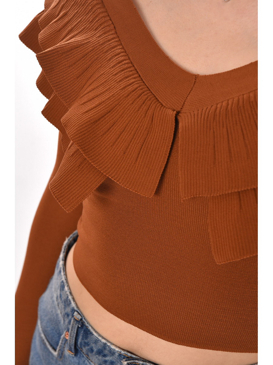 Кофта женская с рюшами однотонная коричневого цвета 7090 210178C