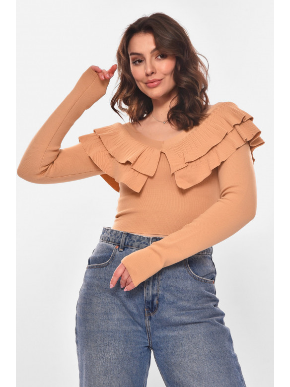 Кофта женская с рюшами однотонная бежевого цвета 7090 210179C