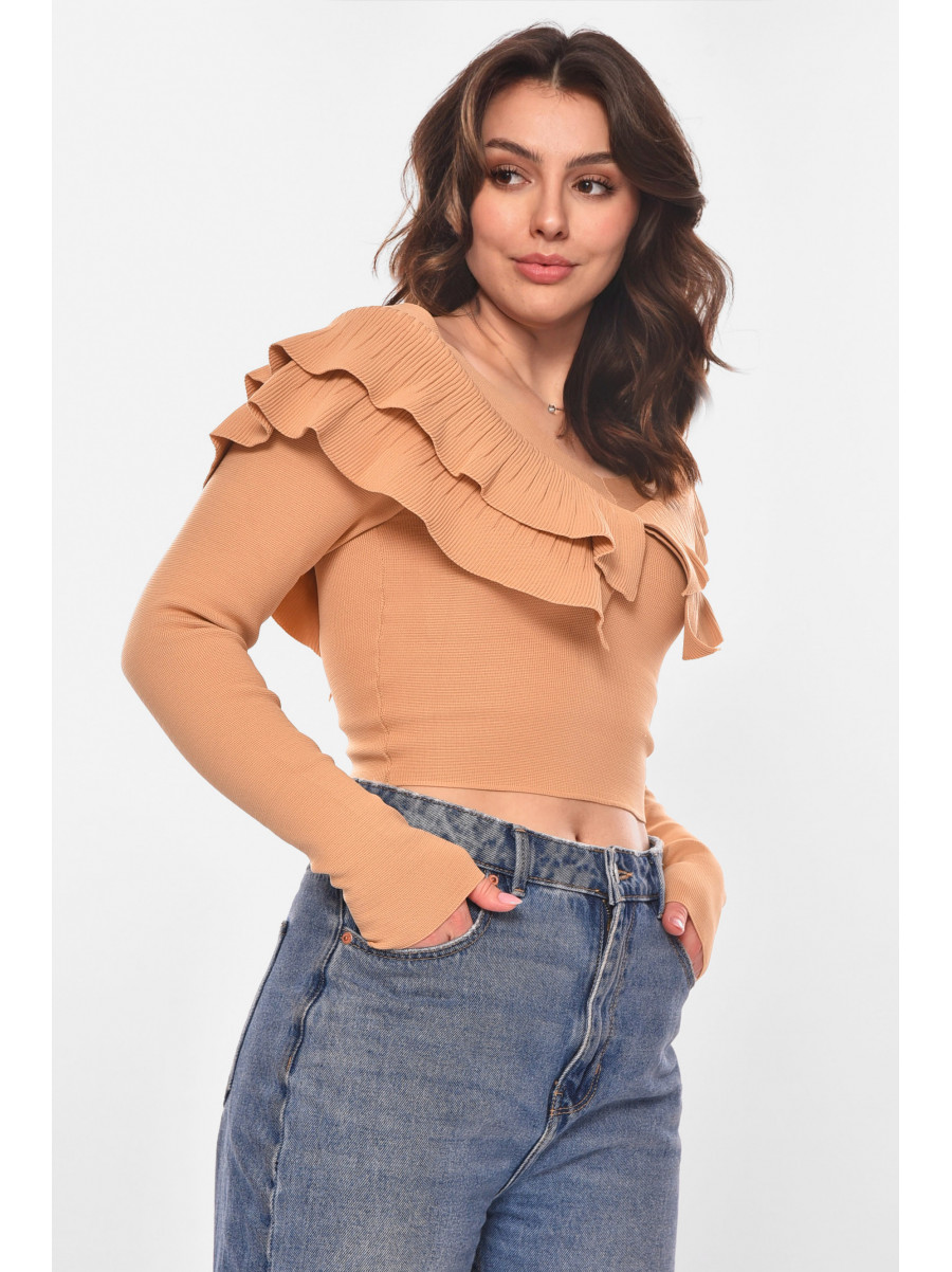 Кофта женская с рюшами однотонная бежевого цвета 7090 210179C